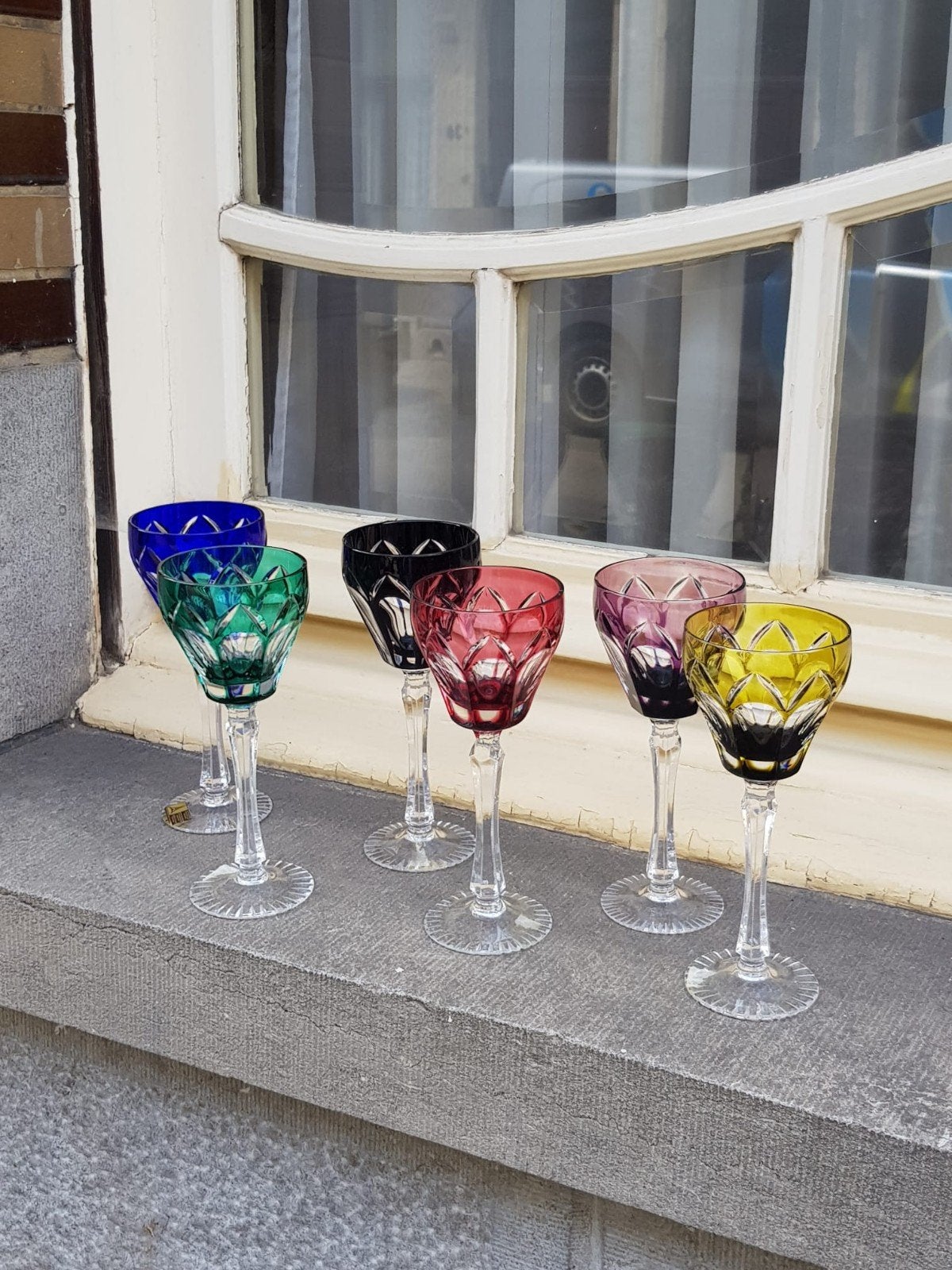 antieke gekleurde kristallen glazen, gemaakt in Duitsland., Antiquités & Art, Antiquités | Verre & Cristal, Enlèvement ou Envoi