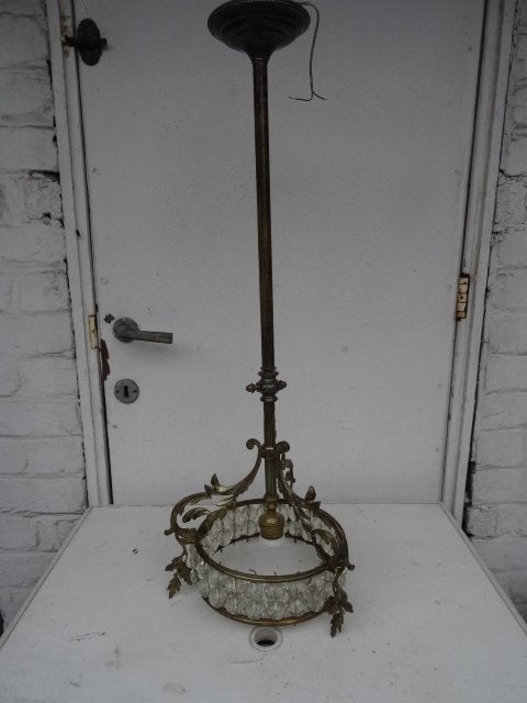 Ancien lustre suspension en laiton et cristal – haut ; 75 cm, Antiquités & Art, Antiquités | Éclairage, Enlèvement ou Envoi
