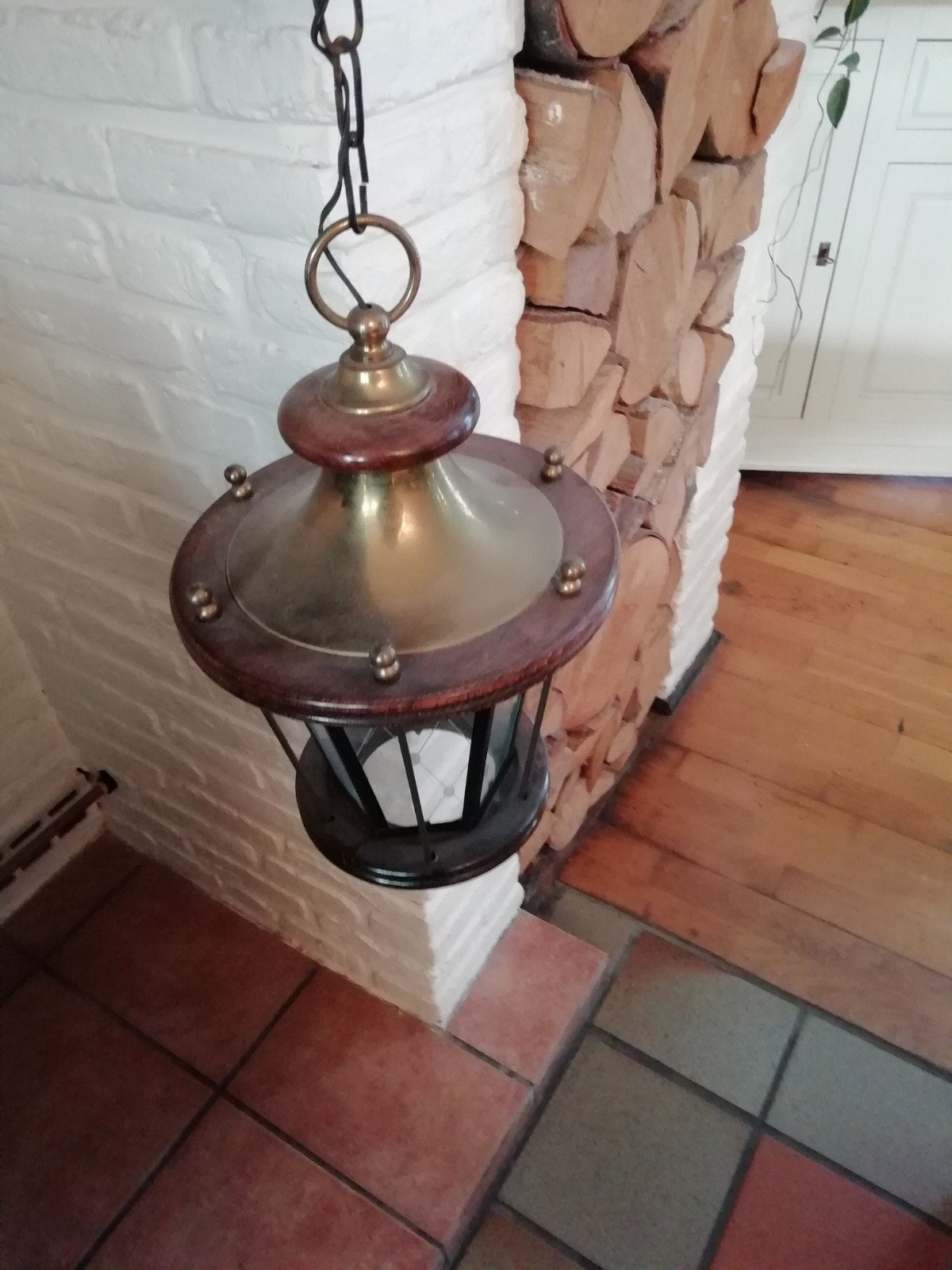 oude hanglamp geslepen glas koper eik, Ophalen