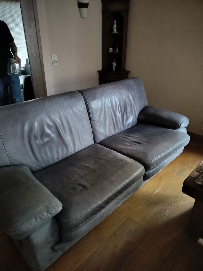 Blauw-grijs nubuck salon 2-zit en 3-zit, Huis en Inrichting, Ophalen, Gebruikt, Overige materialen