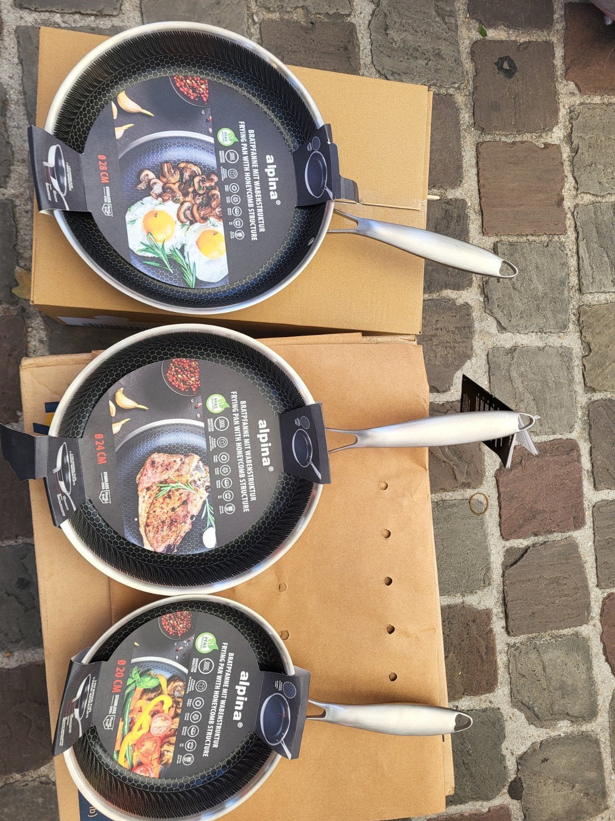 Lot de 3 poêles en Inox 20, 24, et 28cm, Neuf, Inox, Enlèvement ou Envoi, Poêle à frire