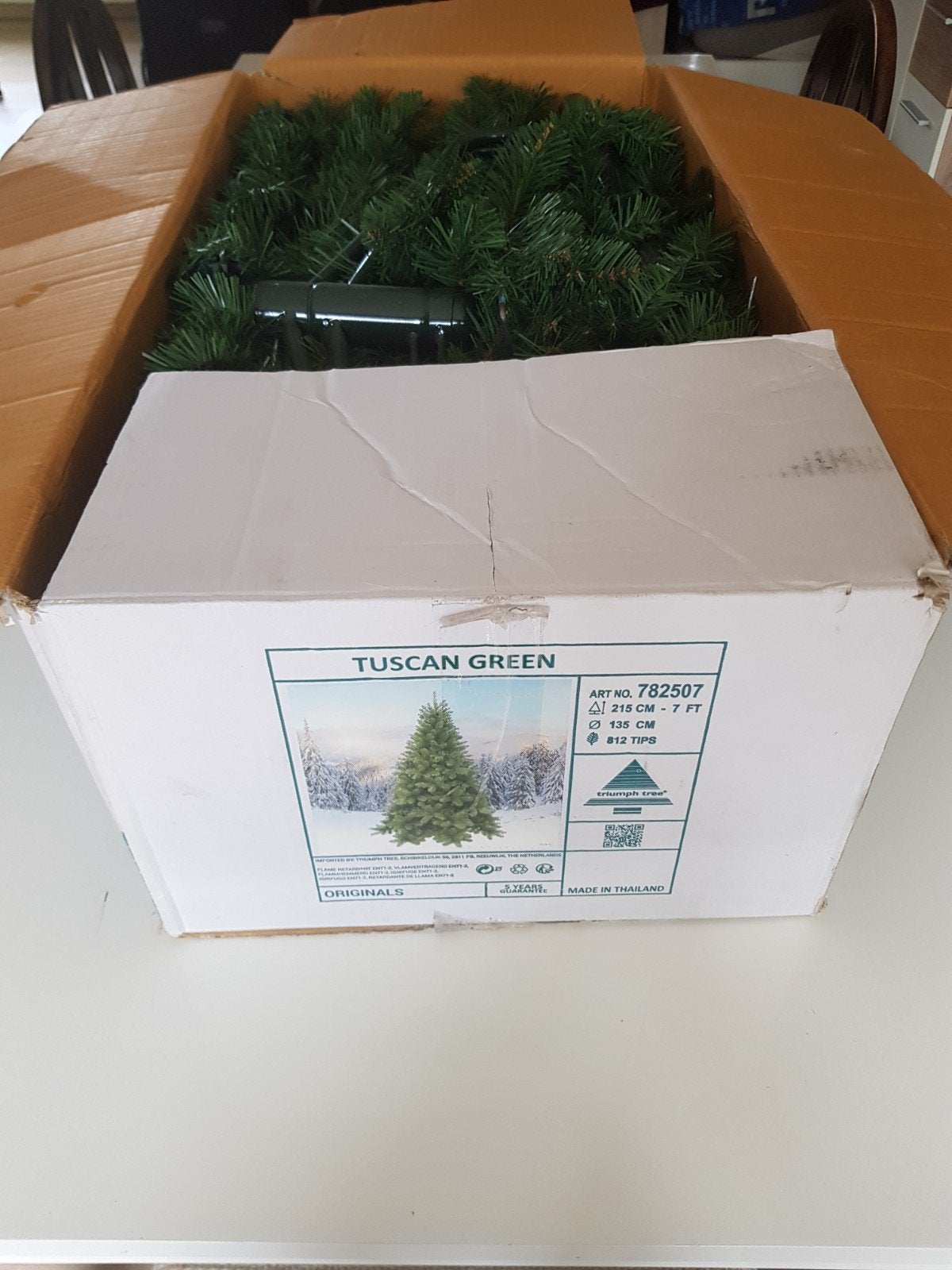 Kerstboom (215 cm) met kerstballen en verlichting, Ophalen, Gebruikt