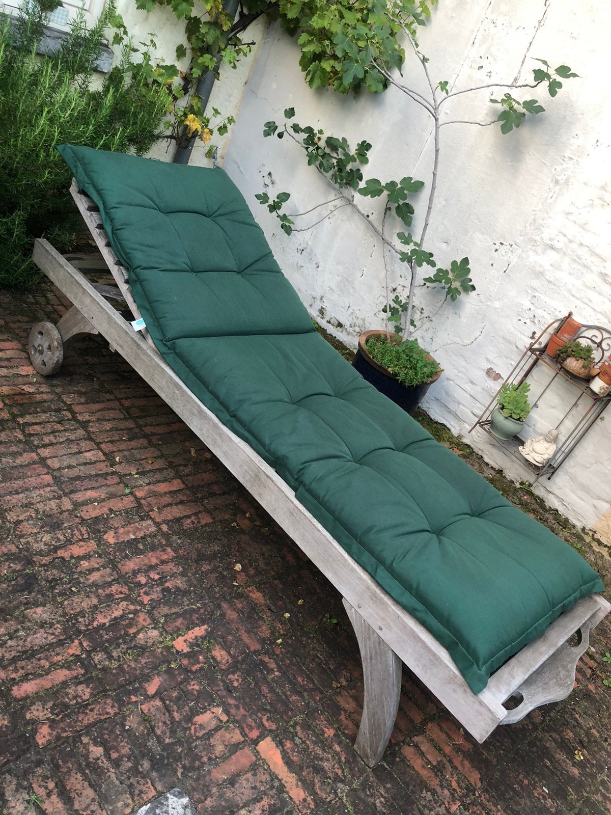 Teak ligbed met donkergroen kussen, Jardin & Terrasse, Chaises longues, Comme neuf, Bois, Enlèvement