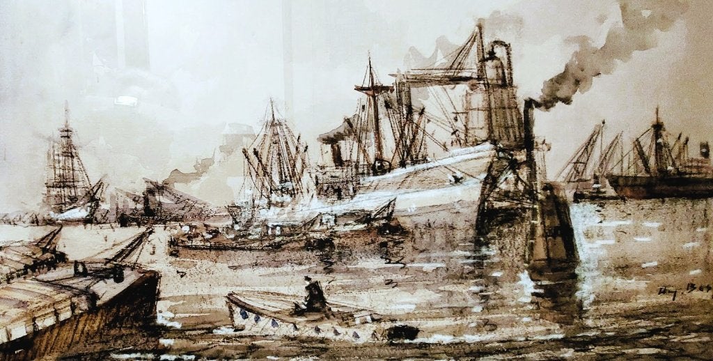 Willem Bos - très grande aquarelle - cadre - vue sur le port, Antiquités & Art, Art | Peinture | Classique, Encadré, Enlèvement ou Envoi