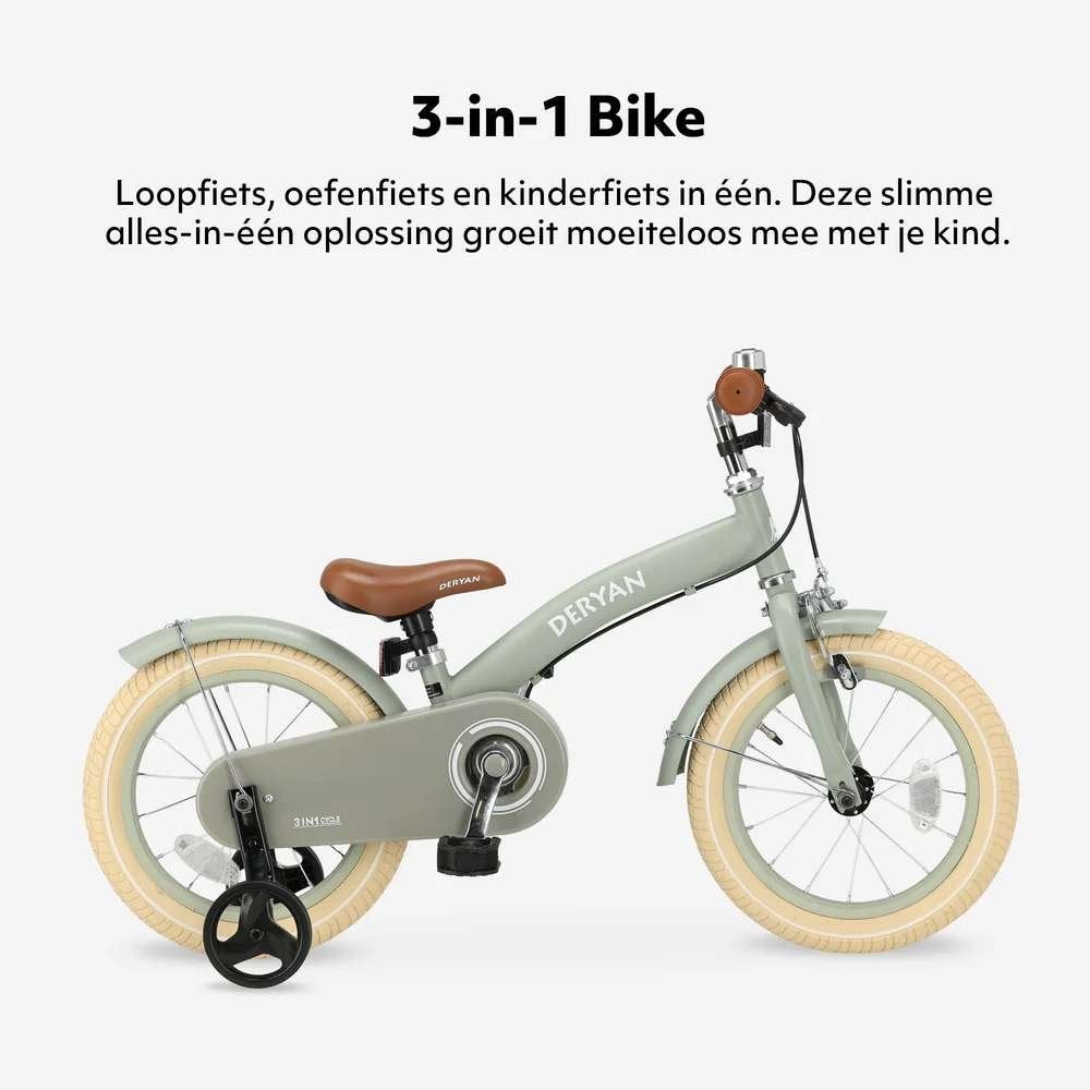 DERYAN 3-in-1 Kinderfiets 12 inch – Loopfiets en Fiets Groen, Ophalen of Verzenden, Zo goed als nieuw