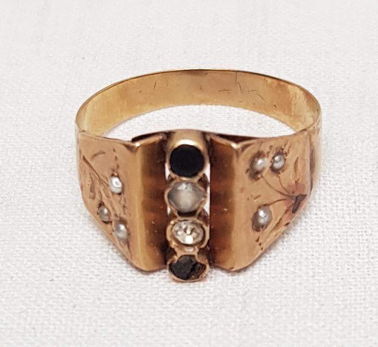 Bague en or, perles de rocaille, perles, verre antique., Enlèvement ou Envoi, Or, Bague
