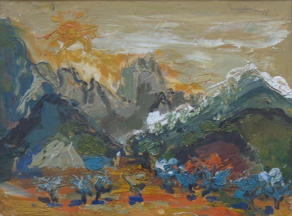 JACK GODDERIS / BERGLANDSCHAP / OLIEVERF / 48x58cm / KADER, Antiquités & Art, Art | Peinture | Moderne, Enlèvement ou Envoi, Verre