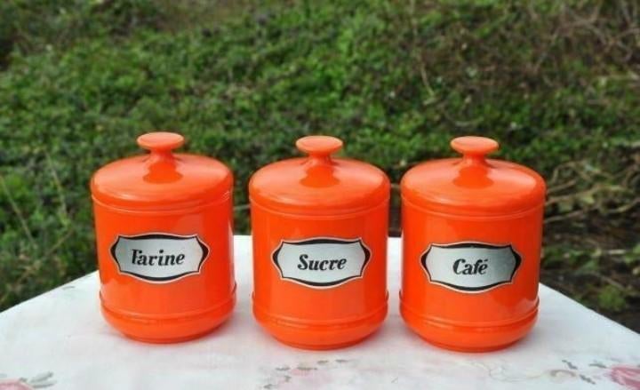§3 boites orange vintage farine sucre café, Ophalen of Verzenden