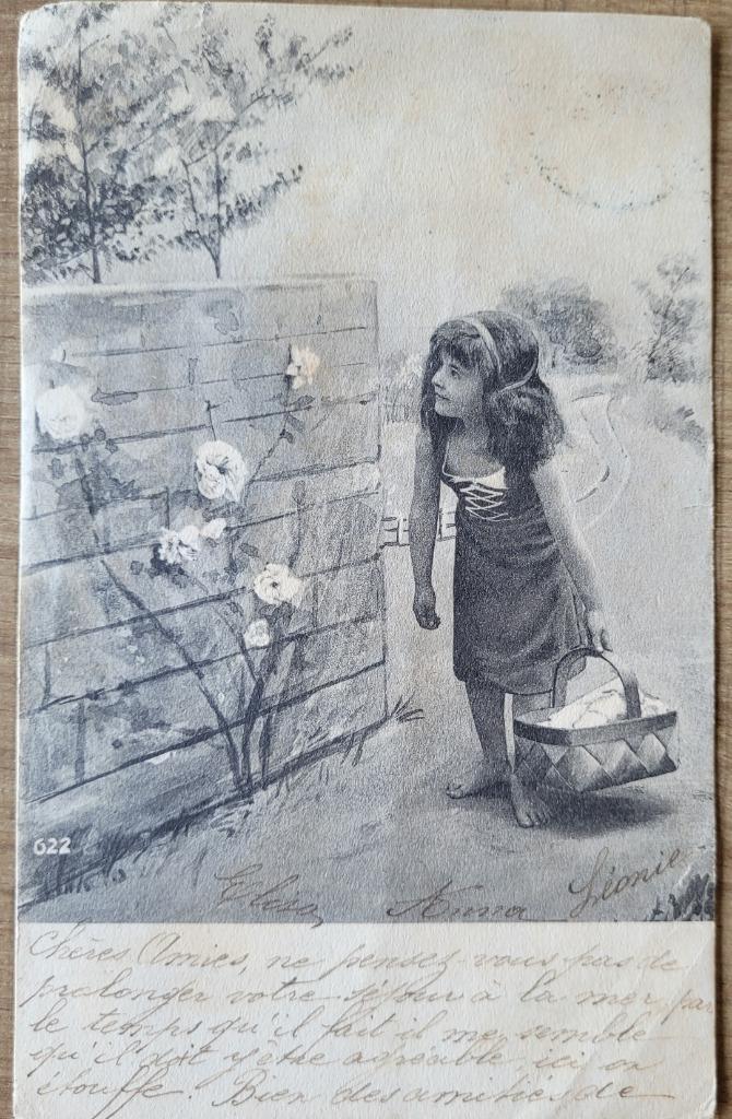 Oude prent: Bloemenmeisje, Ophalen of Verzenden, Gebruikt, Kind, Prent