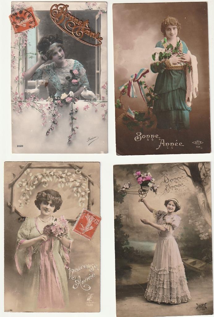 Lot 10 kaartjes Gelukkig Nieuwjaarskaarten vrouwen bloemen, Verzenden, Gelopen, Feest(dag)