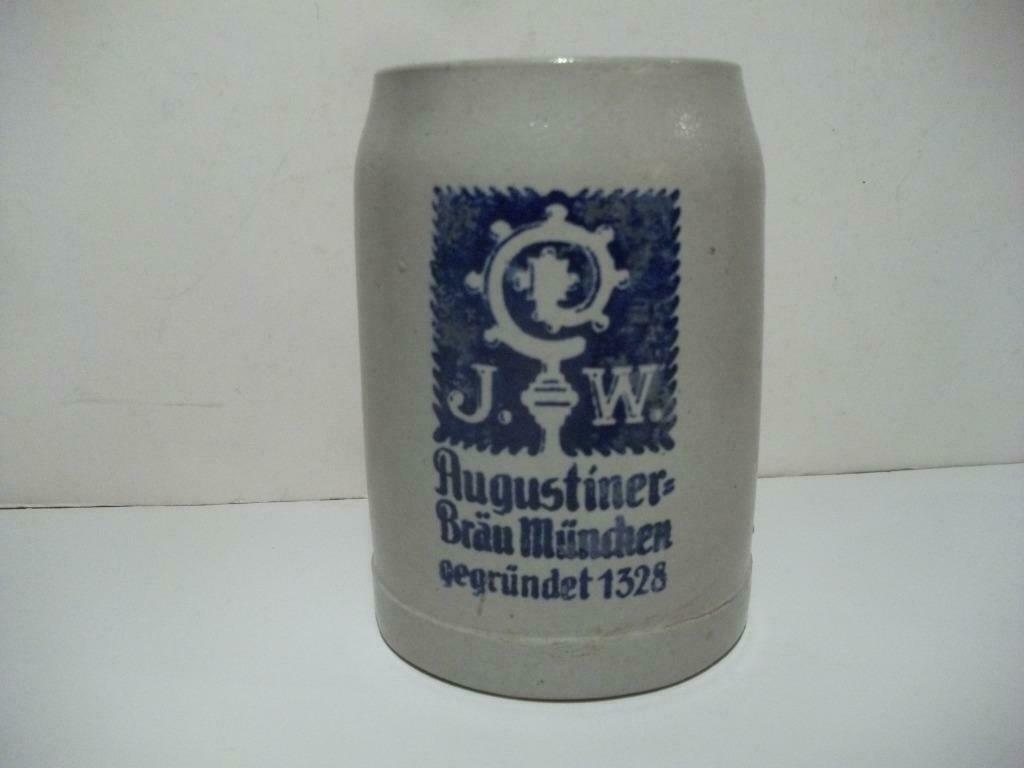 Pichet bière Augustiner Bräu 0,25 l faïence bleu gris, Enlèvement, Comme neuf, Chope(s), Autres marques