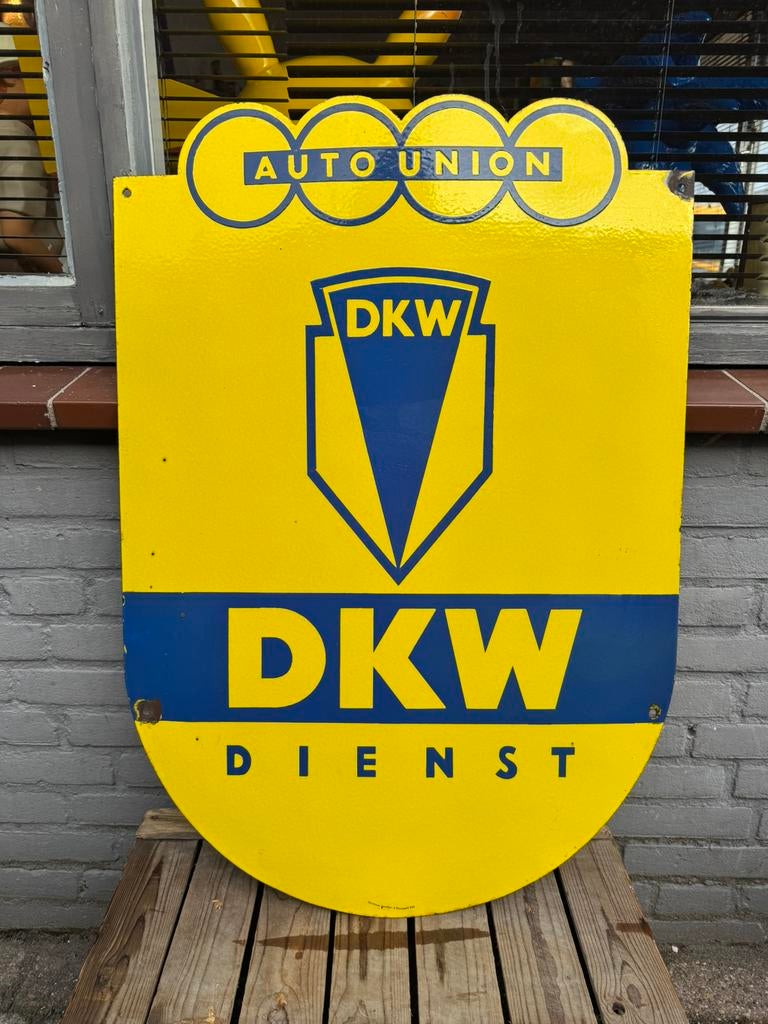 Groot DKW - Auto Union emaille reclamebord, Ophalen, Gebruikt, Reclamebord
