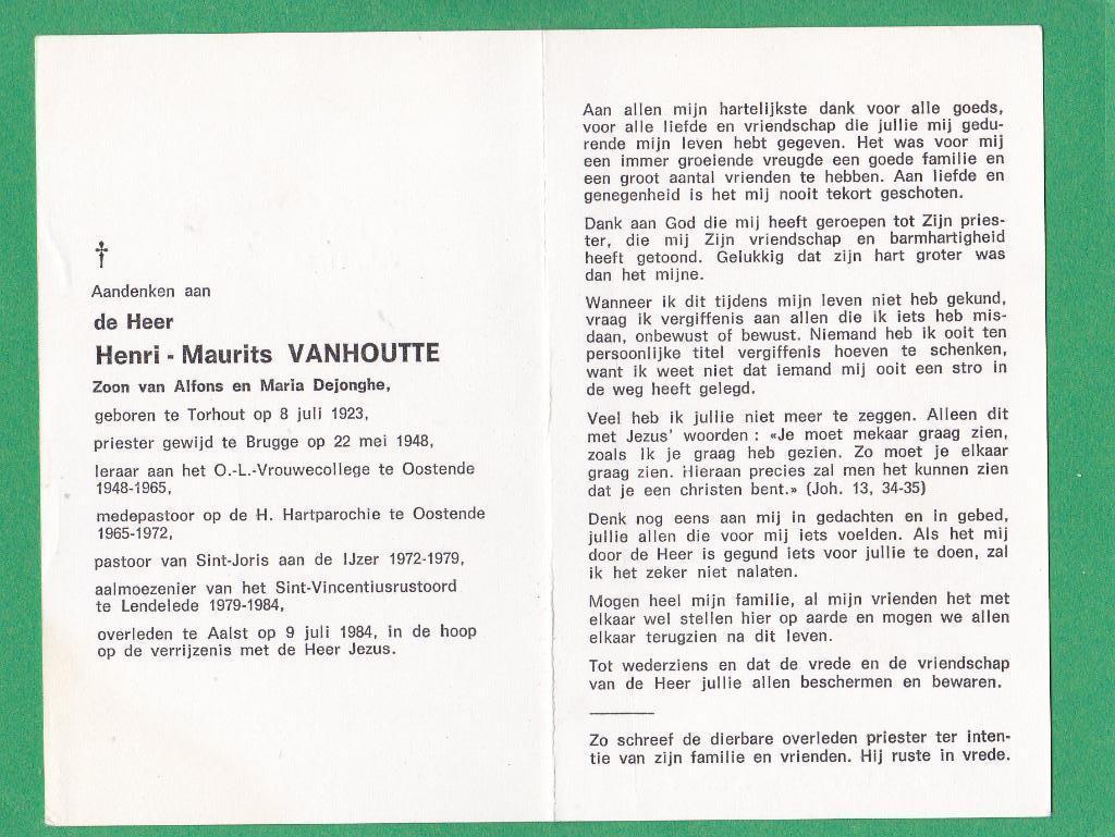 DP Priester Henri Vanhoutte, Verzamelen, Bidprentjes en Rouwkaarten, Bidprentje, Verzenden