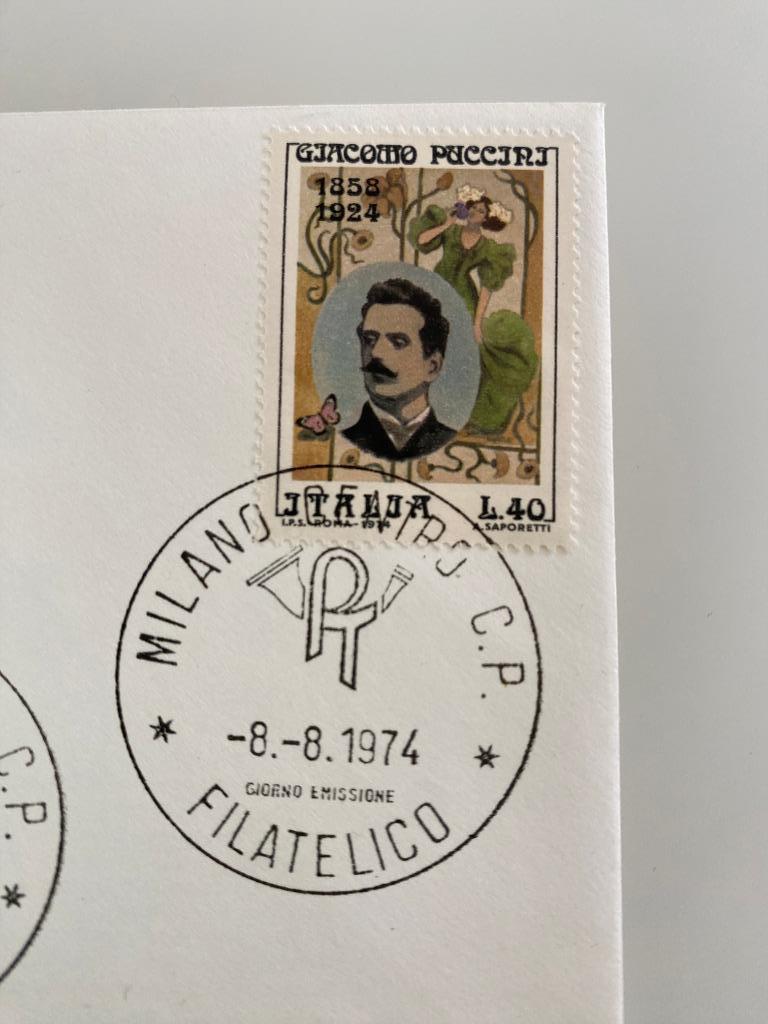 Timbre Enveloppe Premier Jour Italie Puccini 1974, Enlèvement ou Envoi, Affranchi