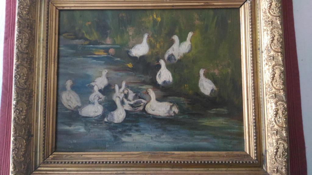 Eendjes bij de vijver - Sz SOOS (18)95 olie/paneel, Ophalen