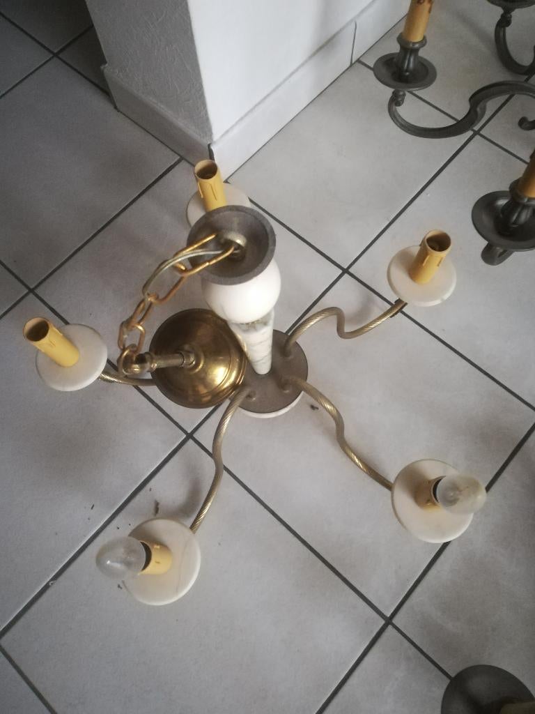 Vintage koperen kroonluchter met marmer - 5 armen, Ophalen, Gebruikt, Vintage