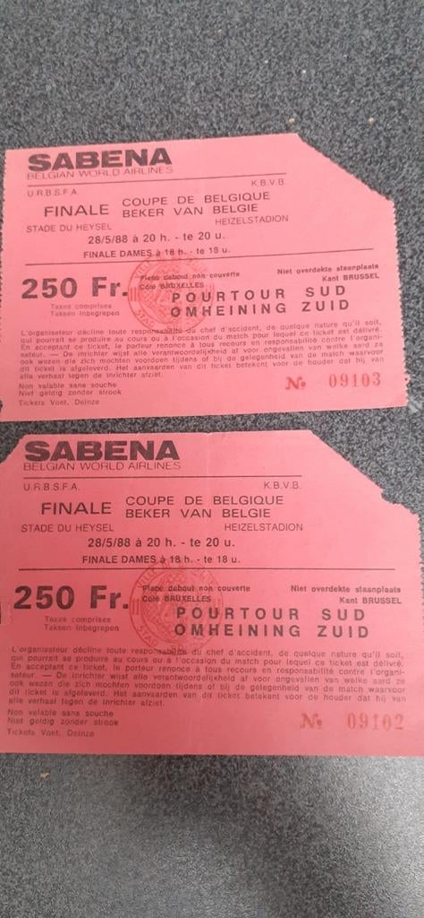 Tickets beker van België dames heizel 1988, Tickets en Kaartjes