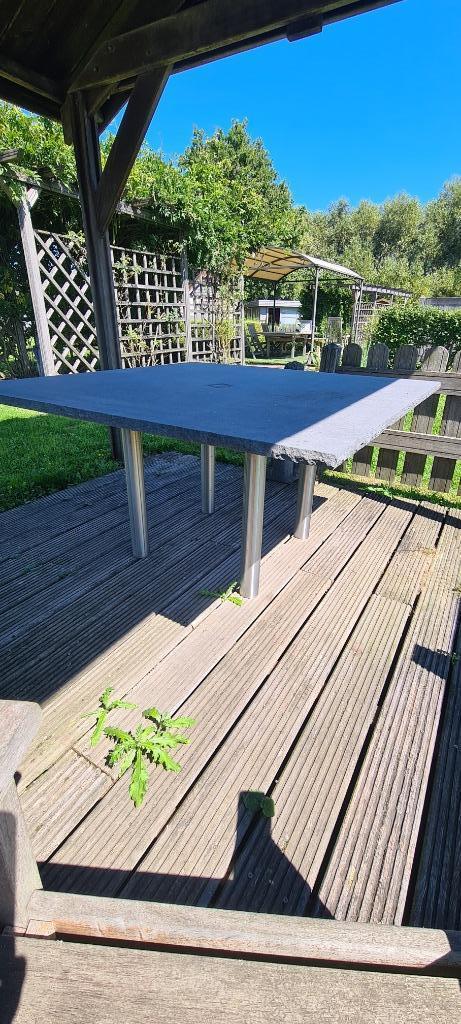 Tuintafel met arduin, Belgische blauwsteen 140x140cm +RVS, Ophalen, Zo goed als nieuw, Vierkant, Overige materialen