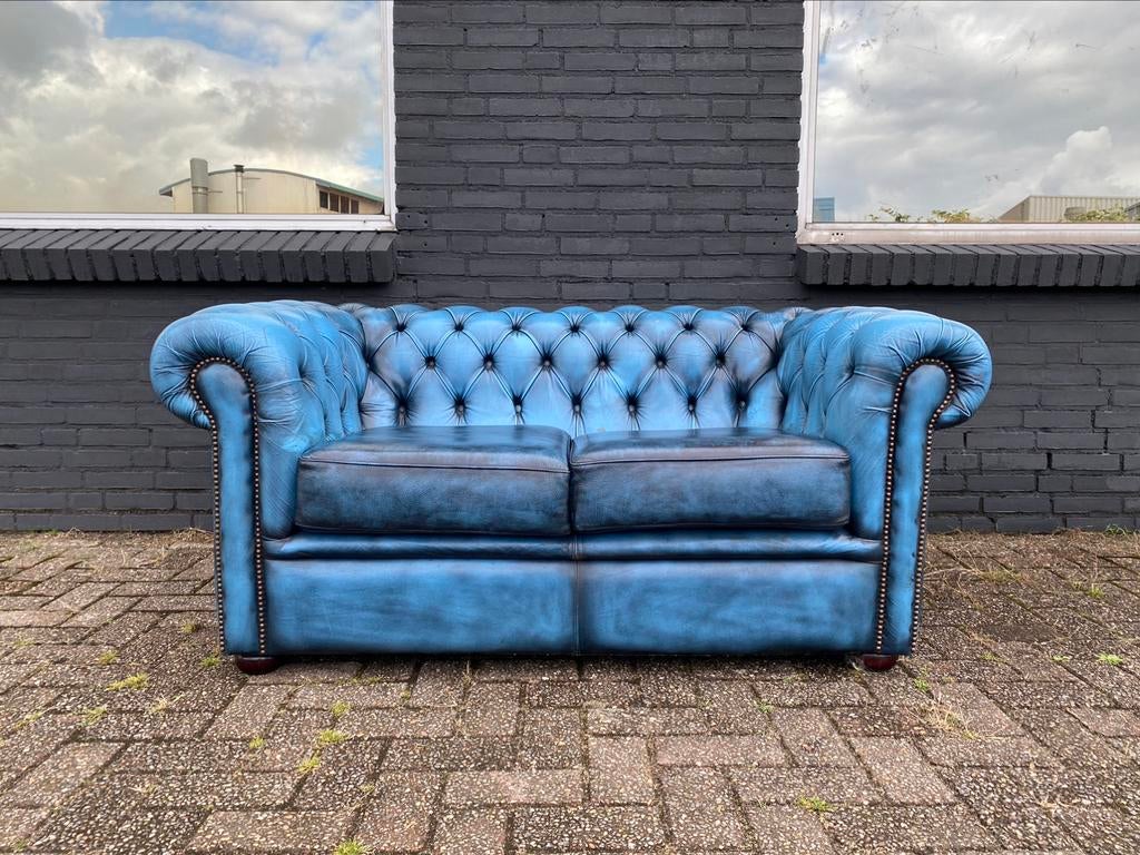 Prachtige Chesterfield zetel jeans blauw GRATIS GELEVERD, Ophalen of Verzenden, Leer