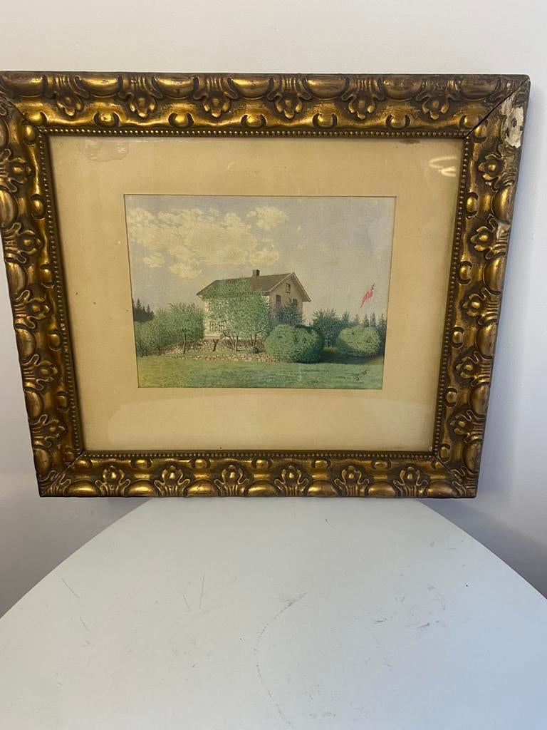 Aquarelhuis met vlag, Antiek en Kunst, Kunst | Schilderijen | Klassiek, Ophalen of Verzenden