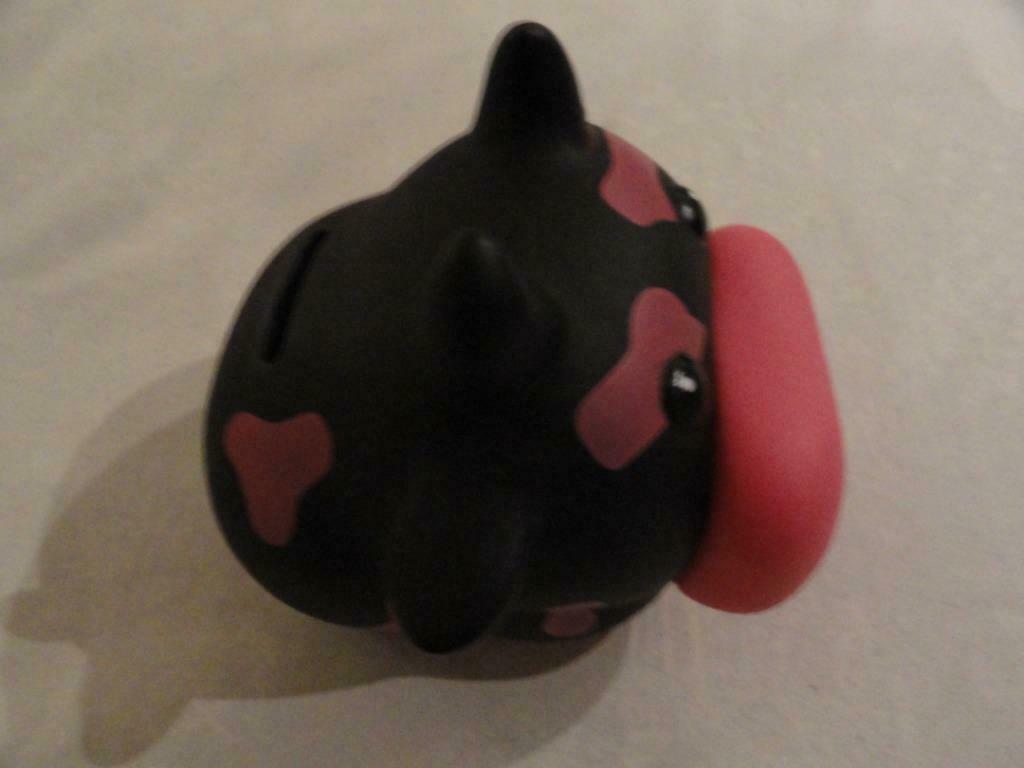 Grappige plastieken spaarpot : zwarte koe met roze stippen, Ophalen of Verzenden, Zo goed als nieuw, Kunststof, Dier