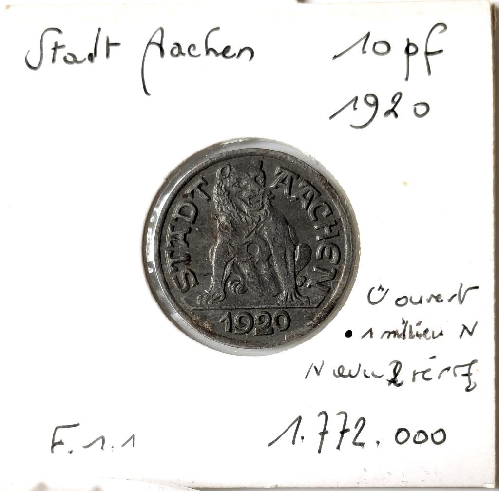 Munt Duitsland Stadt Aachen: 10 Pfennig 1920, Ophalen of Verzenden, Duitsland, Losse munt