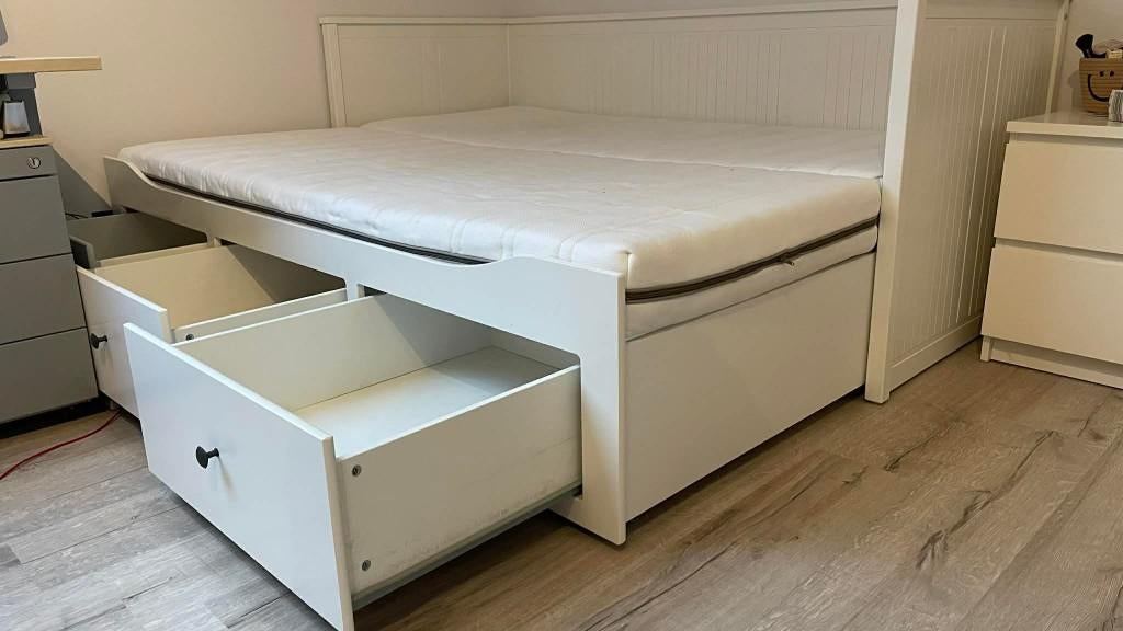 Wit hoekbed met 3 opberglades – incl. lattenbodem, Huis en Inrichting, Slaapkamer | Bedden, Ophalen, Wit, Tweepersoons, Zo goed als nieuw