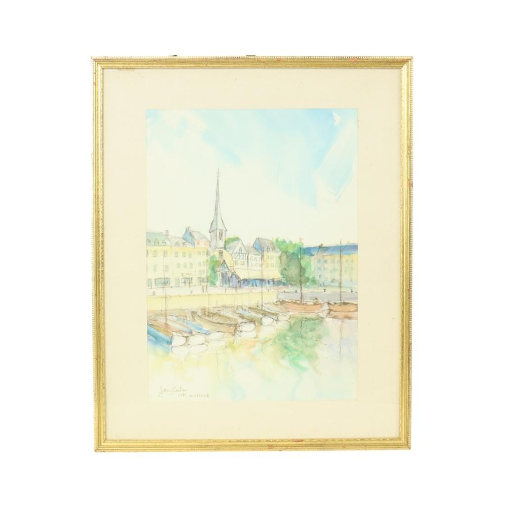 Charmant Schilderijtje Aquarel Carlier 1989 Honfleur Frankri, Antiquités & Art, Enlèvement ou Envoi