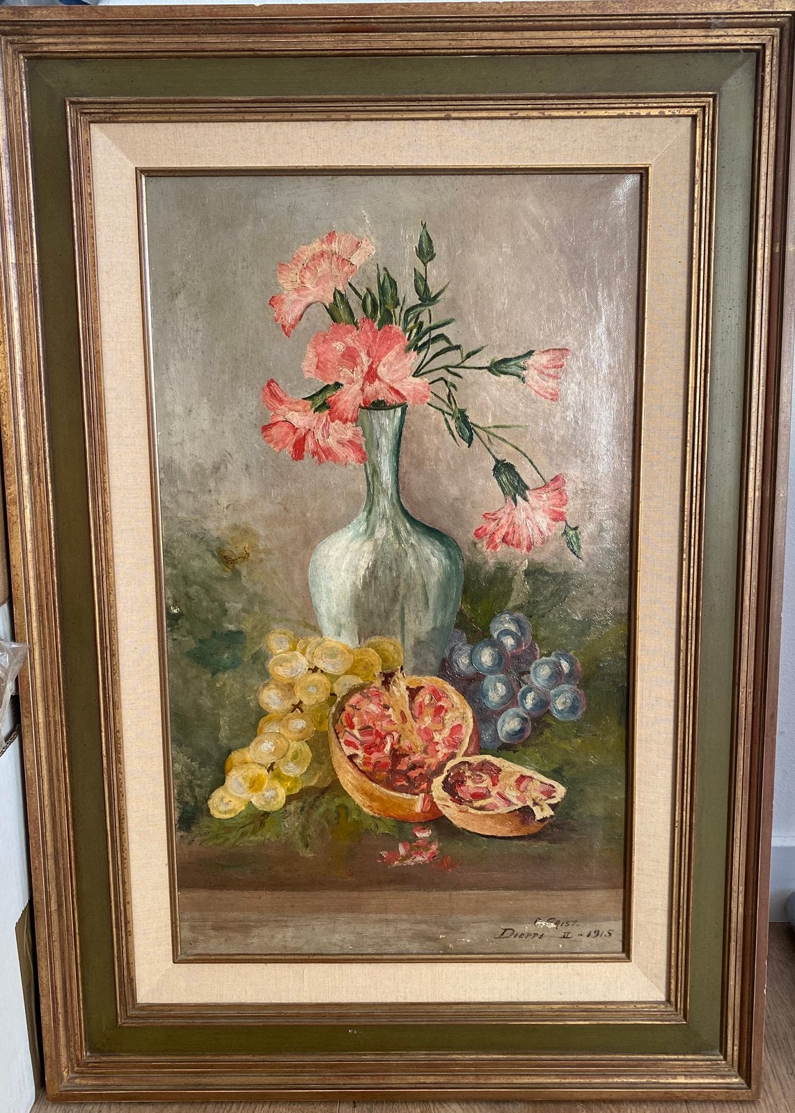 Tableau ancien - Nature morte aux oeillets et fruits, Enlèvement, Classique, Nature morte, Toile