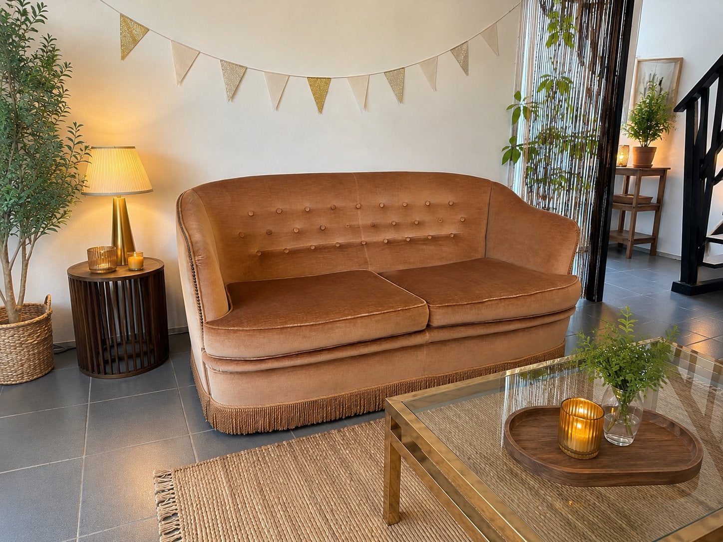 Canapé boudoir velour, Maison & Meubles, Enlèvement, Comme neuf, Tissus, Boudoir , vintage , velours , doré rose , frange
