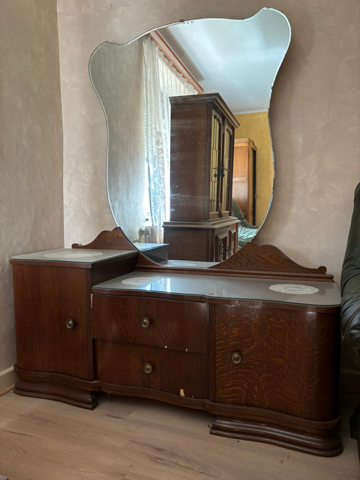 Coiffeuse vintage bois foncé avec grand miroir, Ophalen, Zo goed als nieuw
