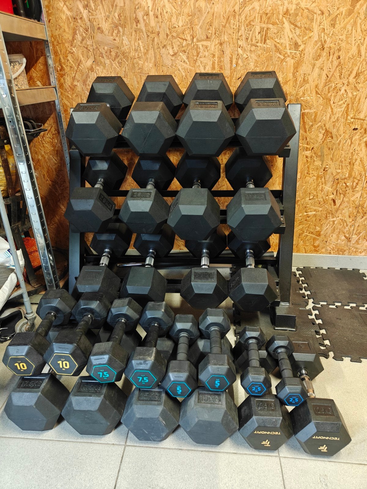 Dumbbells Hexagon set 2,5 kg t/m 32,5 kg (454 kg) +  rek, Enlèvement, Comme neuf, Bras, Haltère