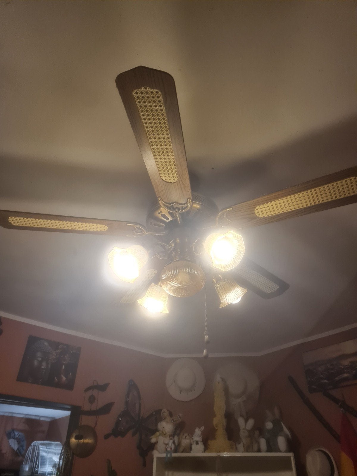 Ventilateur de plafond vintage en bois cannage et laiton ave, Enlèvement, Comme neuf, Verre