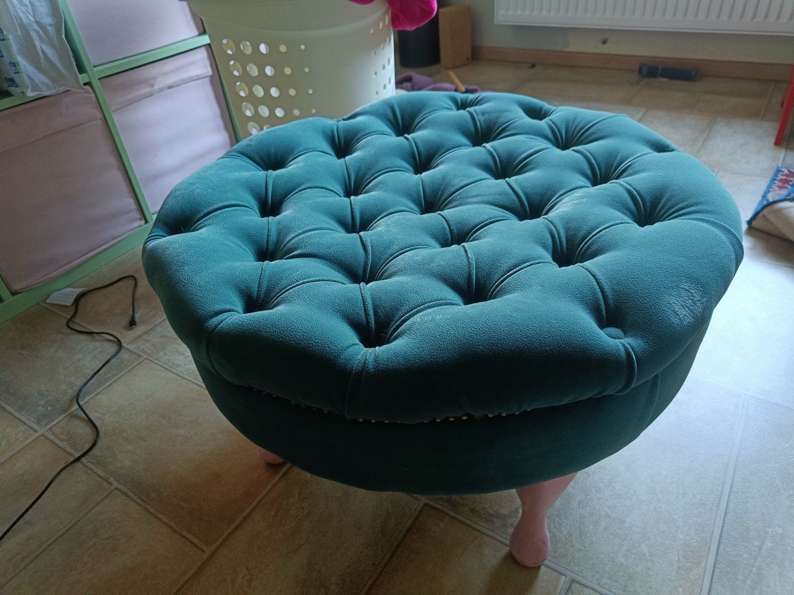 Luxe ronde velvet poef – petrolgroen – Ø64 cm – hoo, Huis en Inrichting, Zetels | Voetbanken en poefs, Ophalen