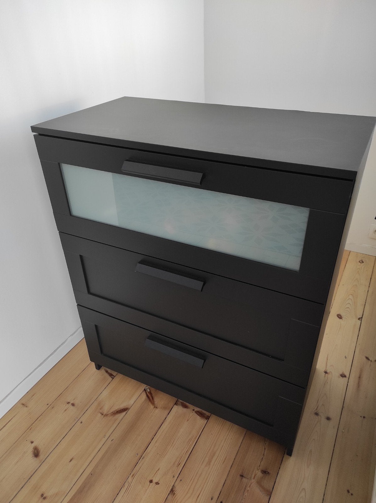 BRIMNES Commode 3 tiroirs, noir, verre givré,78x95 cm, 3 ou 4 tiroirs, 25 à 50 cm, Autres essences de bois, Enlèvement
