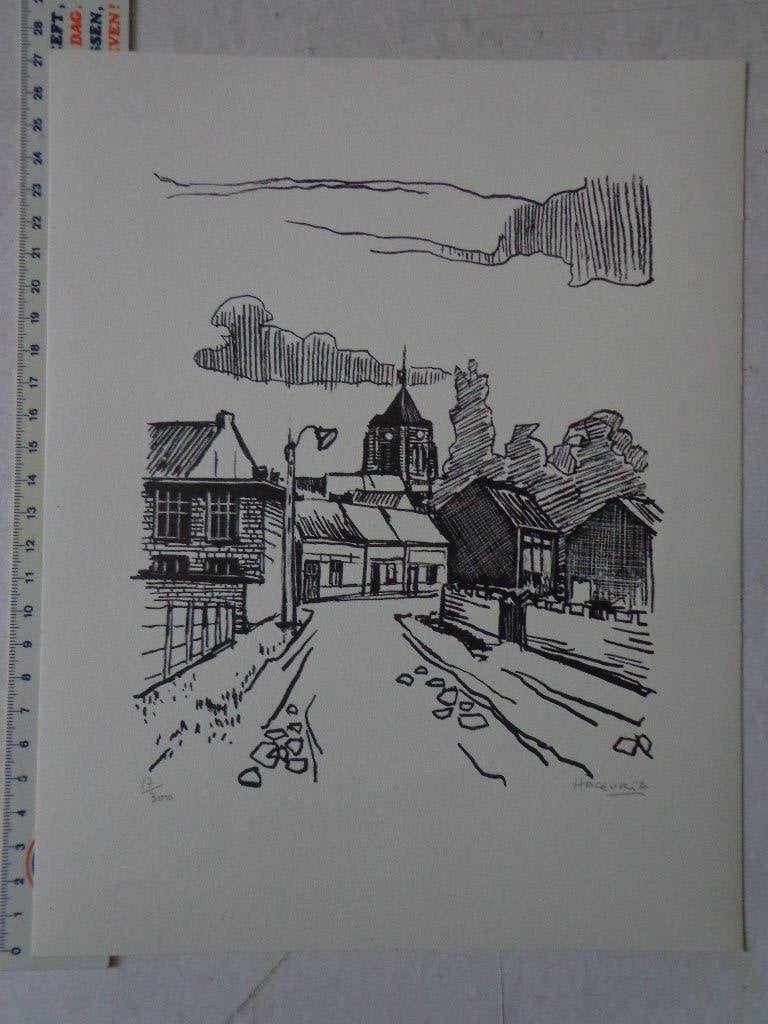 Maurice Haccuria prent of litho van een dorpsgezicht, Genummerd, Ophalen of Verzenden, Landschappen, Lithografie