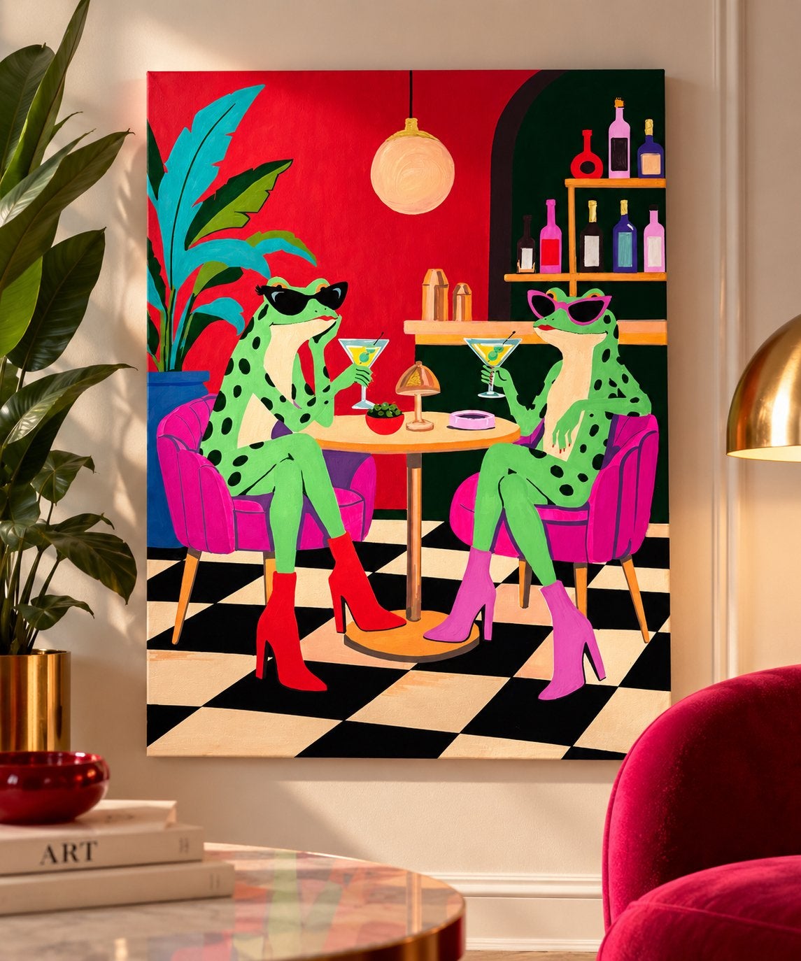 Tableau peint à la main. Grenouilles au bar 55  75 cm, Enlèvement, Peint à la main, Peinture acrylique, Animaux