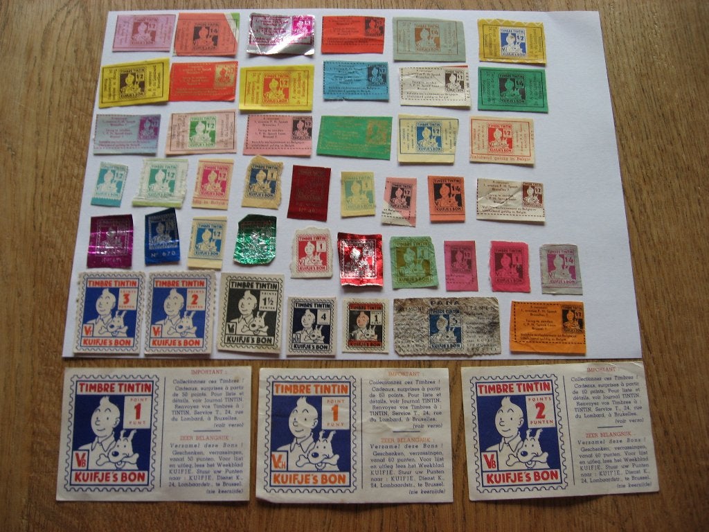 Lot Kuifje's Bon Tilbre TinTin allerlei verschillende kleure, Verzamelen, Ophalen of Verzenden, Kuifje, Nieuw, Plaatje, Poster of Sticker