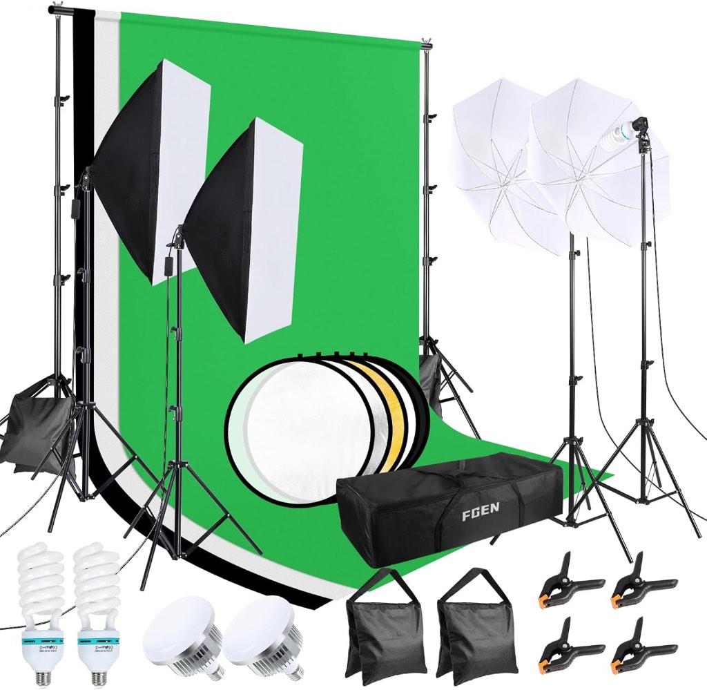 Complete fotostudiokit — 2 softboxen + LED + groen/zwart/w, Audio, Tv en Foto, Fotografie | Fotostudio en Toebehoren, Ophalen