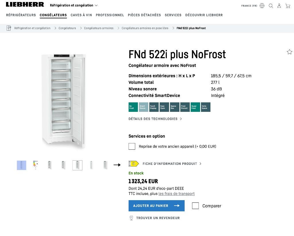 Liebherr vrieskast FND522i22, Ophalen, Vrieskist, Tussenbouw, Minder dan 60 cm