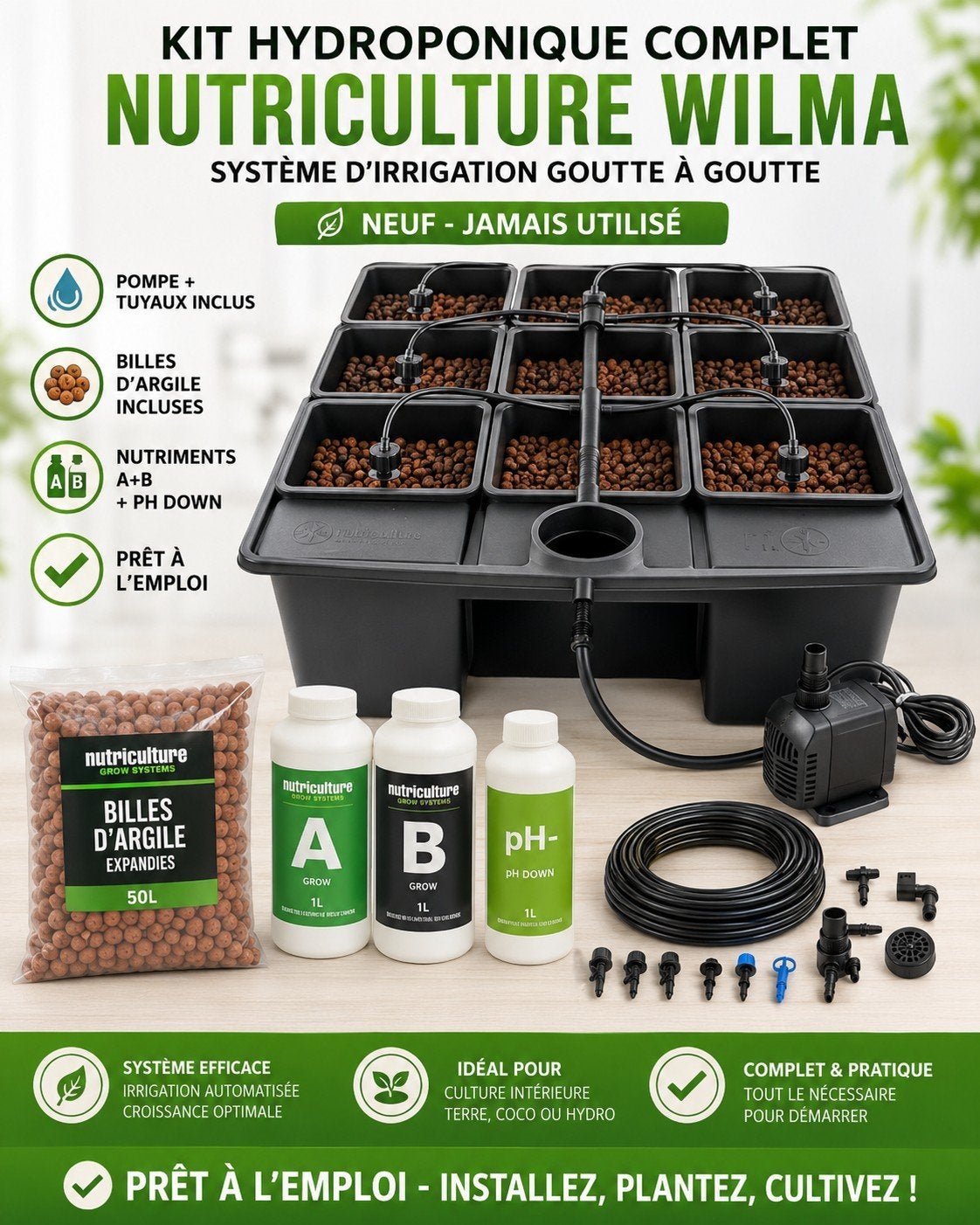 Kit hydroponique Nutriculture Wilma complet neuf — 190 €, Jardin & Terrasse, Produits de culture