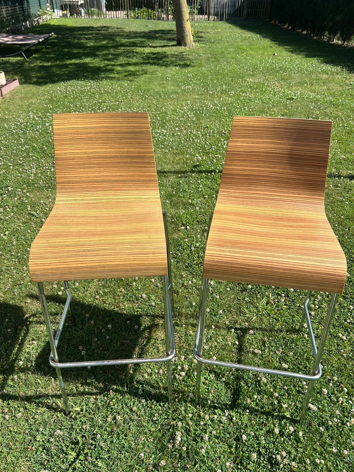 Set van 6 Billiani design barkrukken – Zebrano hout & chroom, Ophalen, Met voetsteun, 60 tot 90 cm, Hout