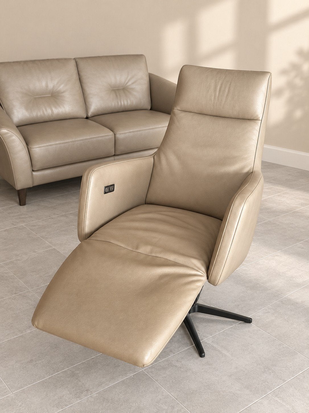 Lederen 2-zits zetel + elektrische draaifauteuil, Huis en Inrichting, Ophalen, Leer