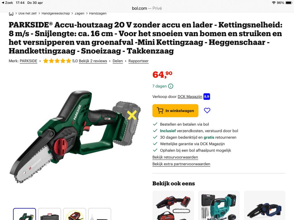 Minikettingzaag accu 20 V PAGHS20, Doe-het-zelf en Bouw, Ophalen, Nieuw, Kettingzaag