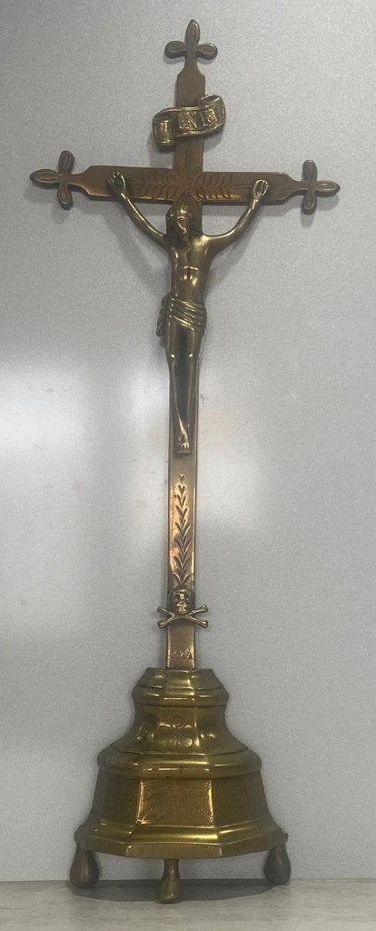 Antiek Koperen Altaarkruis met Doodskop (Golgotha), Antiek en Kunst, Ophalen