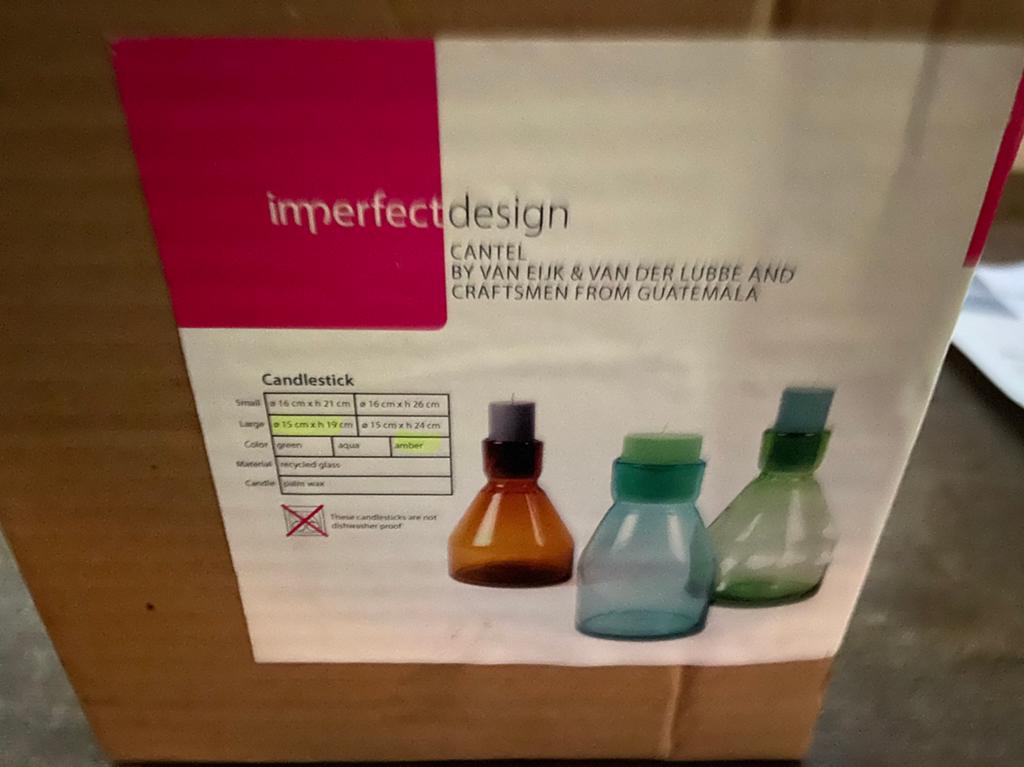 Imperfect design mondgeblazen vaas met kaars, amberkleur., Antiek en Kunst, Kunst | Designobjecten, Ophalen