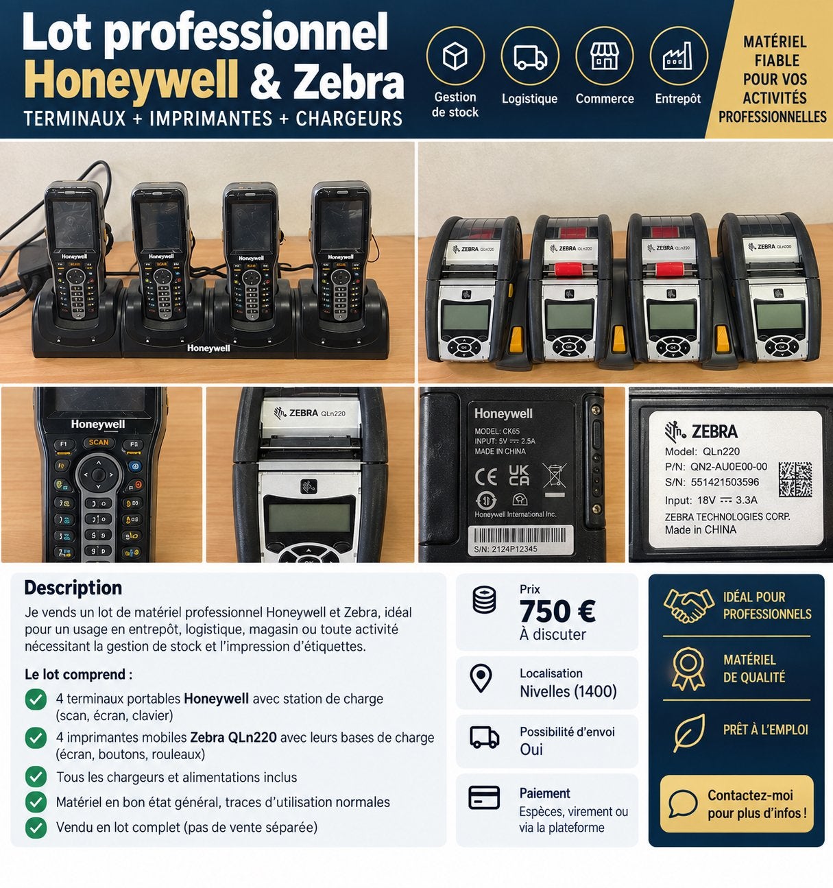 Honeywell + Zebra – Terminaux + imprimantes + chargeur, Enlèvement ou Envoi, Comme neuf