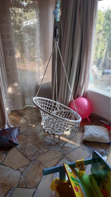 Fauteuil suspendu en macramé (Hamac) + acc. accroche plafond, Jardin & Terrasse, Enlèvement, Comme neuf, Intérieur