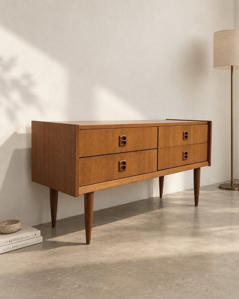 Enfilade mid-century en teck – 4 tiroirs, Maison & Meubles, Enlèvement, Comme neuf, Teck