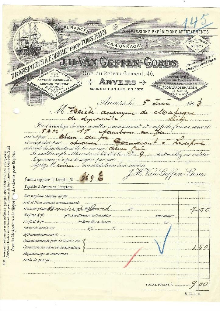 Ancienne facture 1903, Enlèvement ou Envoi, Utilisé